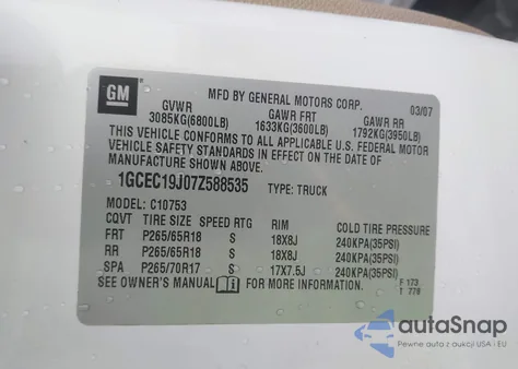 2007 Chevrolet Silverado 1500 Lt2 from USA, damaged, VIN 1GCEC19J07Z588535